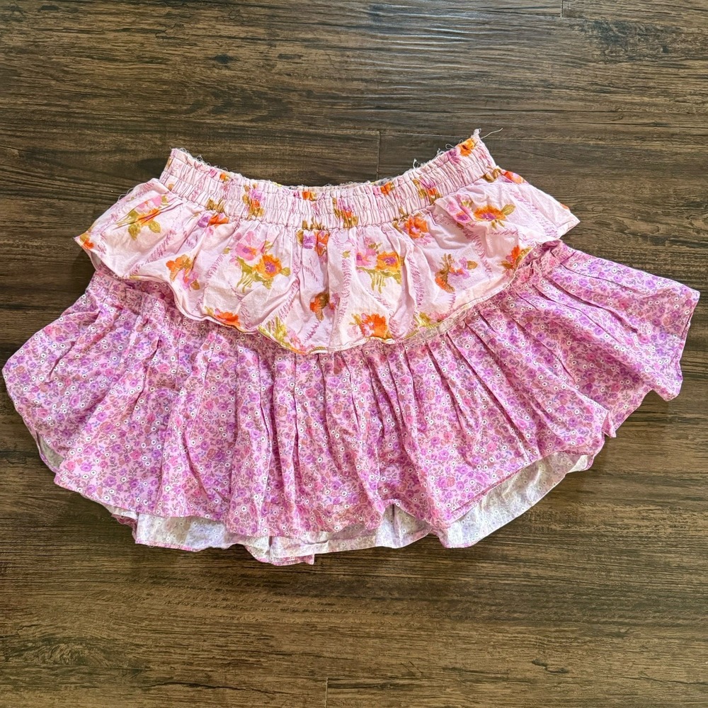 LoveShackFancy XL Raw Edge Hem Ruffle Mini Skirt Pink Floral Tiered Cotton Boho